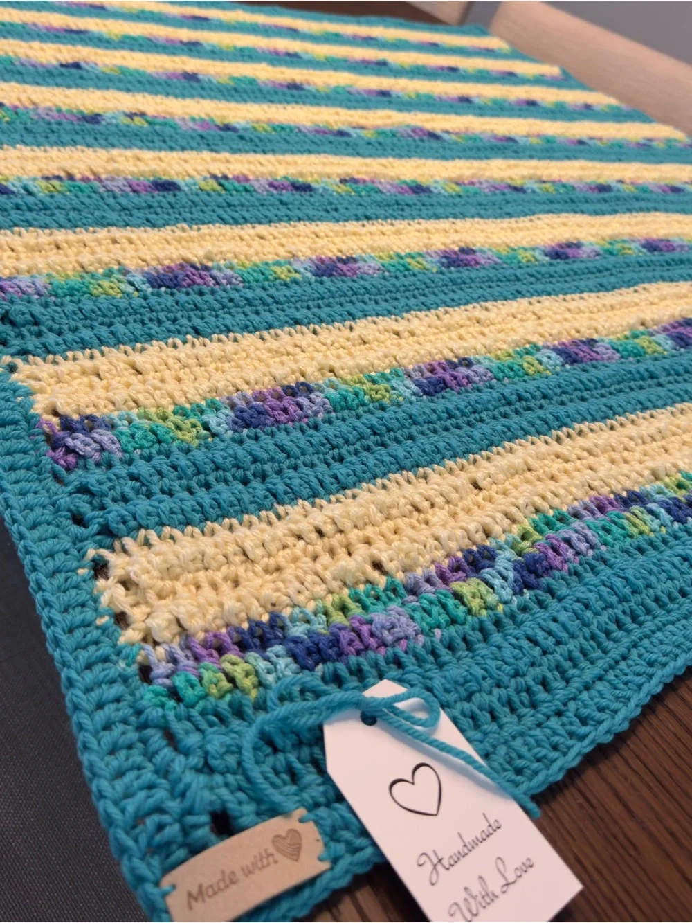 NWT Handmade Crochet Baby / Lap Blanket Blue Yellow Multi